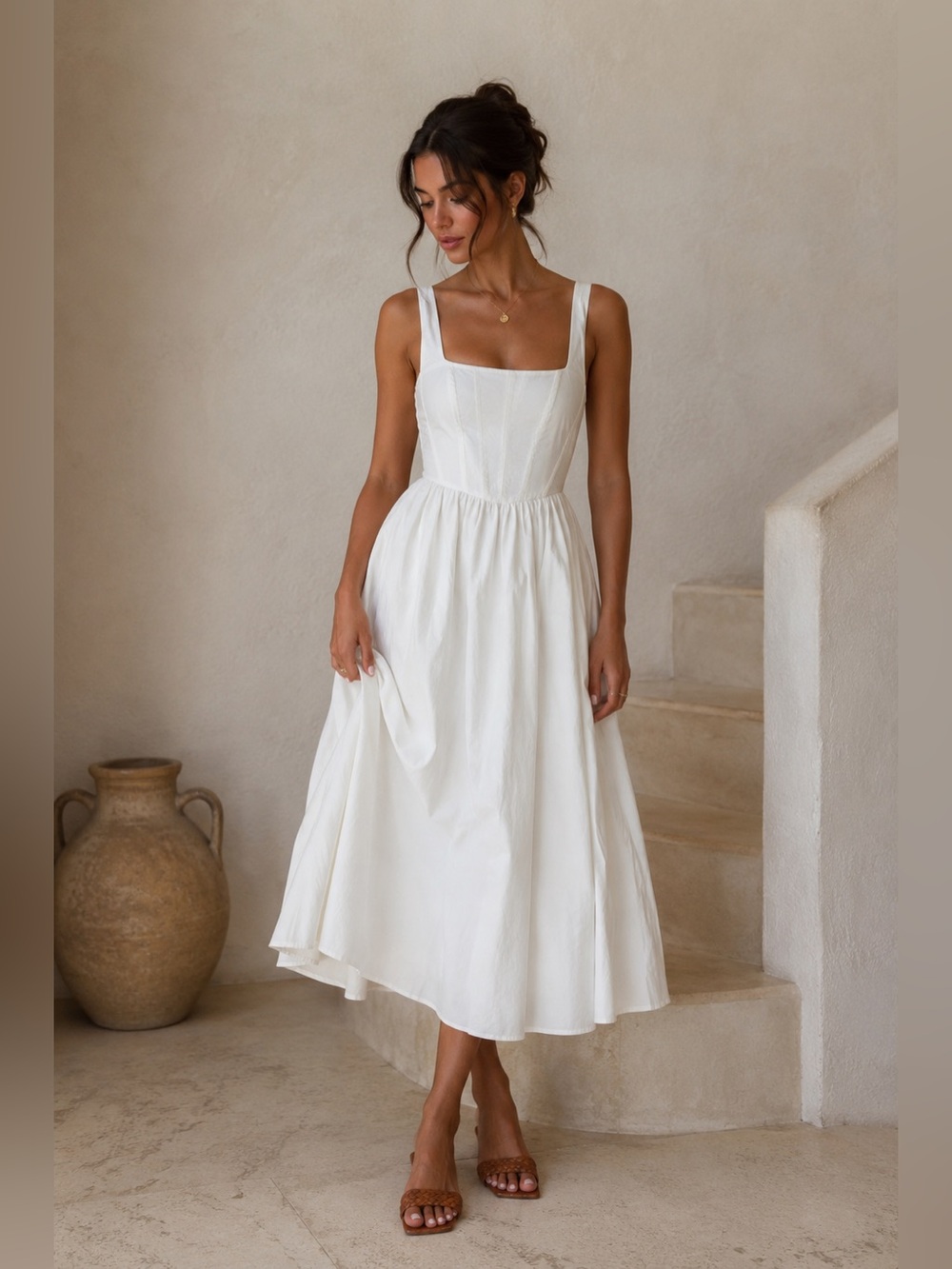 WAYF White Lace Trim Corset Bodice Midi Dress Romantic Fit & Flare XS